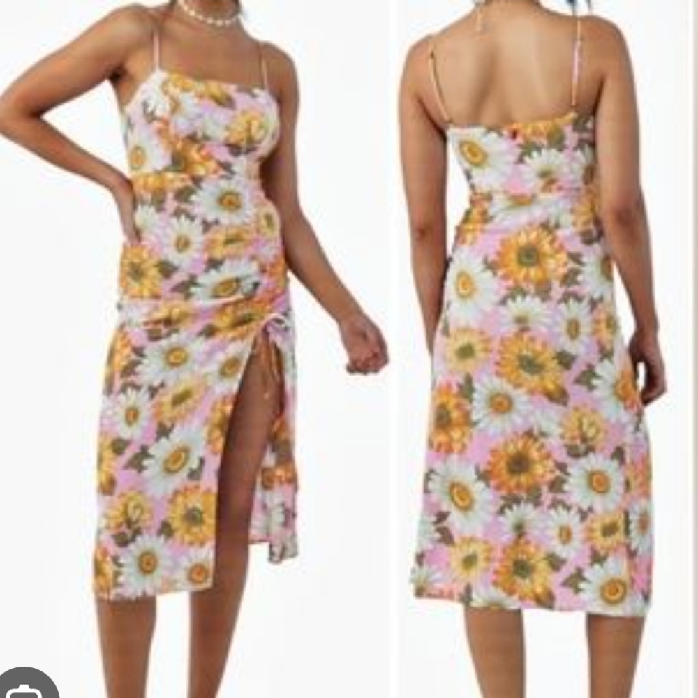 O'Neill Tavia Floral Side Slit Midi Spring Yellow Pink Sundress Strappy Boho S